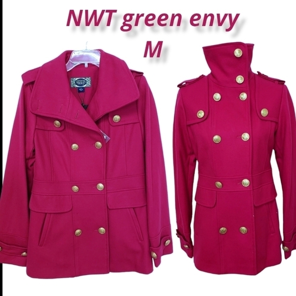 green envy Wool Blend Pea Coat M Raspberry-Red NWT Tailored 1% for the Planet - Picture 1 of 16